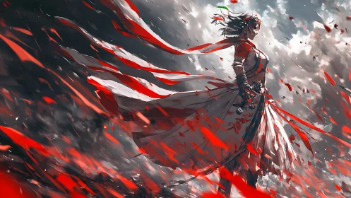 Storm-kissed warrior wrapped in wild crimson winds.