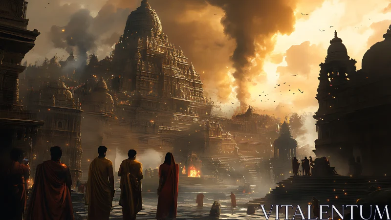 Ancient temple city burns under stormy golden sky