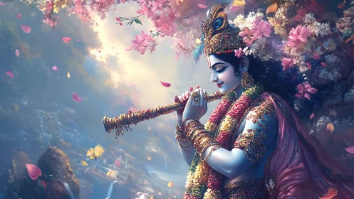 Serene blue musician playing flute beneath soft pink blossoms.
