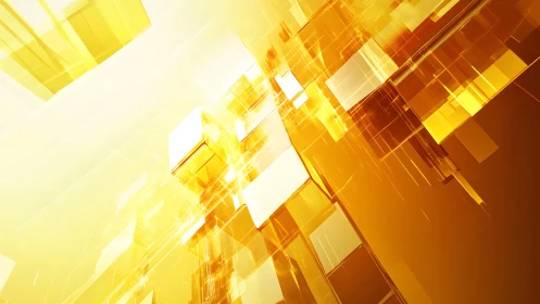 Abstract golden cubes in futuristic digital art style with glowing light.