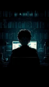 Backlit programmer silhouette studies dual monitors in dark library