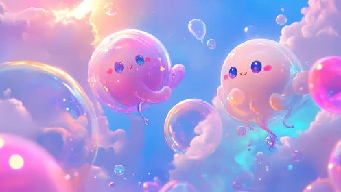 Cute jelly-like characters float among glowing clouds
