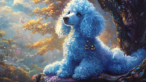 Blue curly dog on tree branch in luminous landscape.