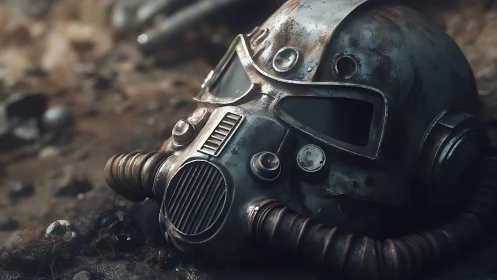 Weathered metallic respirator helmet on muddy ground.