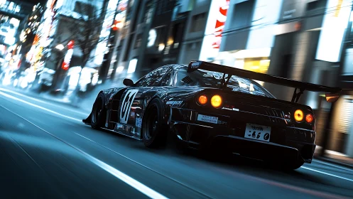 Aerodynamic race car drifts through neon-lit urban street at speed
