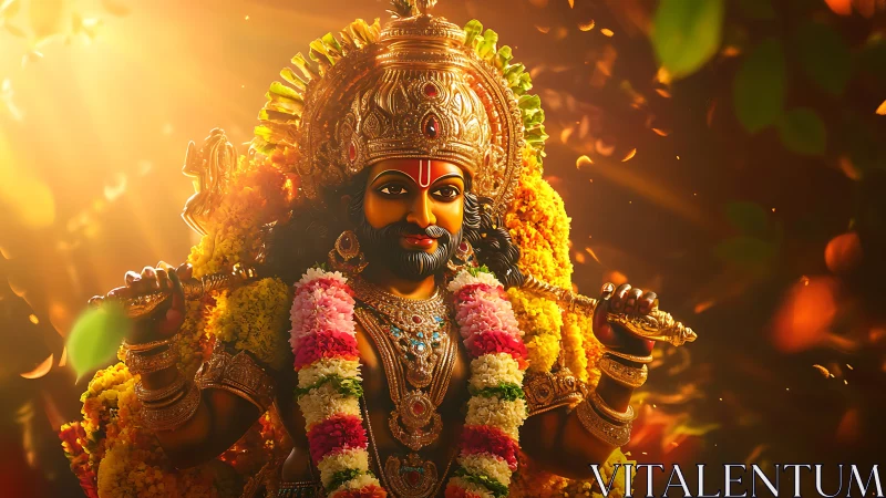Digital rendering of garlanded Hindu deity with radiant backlight