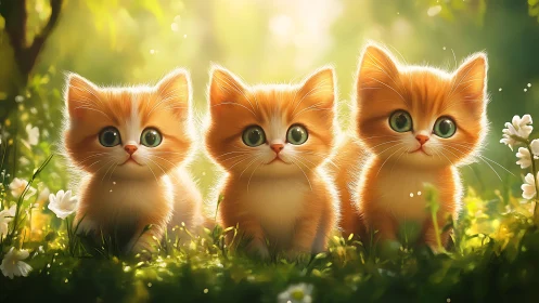 Three Ginger Kittens Bask in Enchanted Meadow Light.
