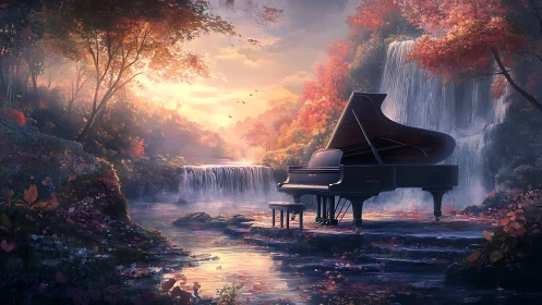 Grand piano amid cascading waterfalls in autumnal forest.