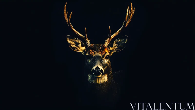 Stag portrait in dramatic low key with golden rim lighting.