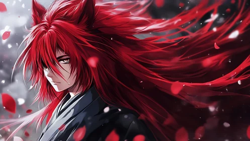 Fiery red fox warrior stands in a storm of drifting petals
