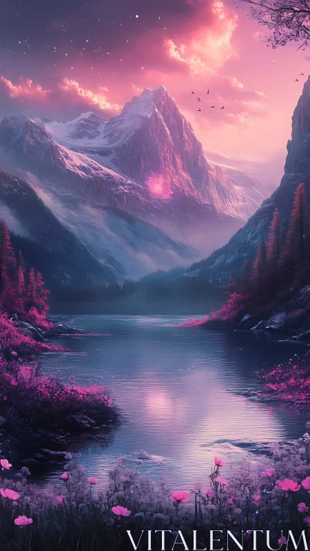 Chromatic alpine lake under magenta-illuminated glacial peaks