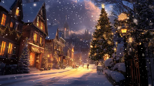 Snowy Christmas street glows with warm festive lights.