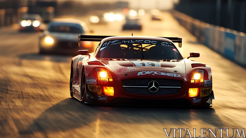 Mercedes race car charges through sunset-lit circuit in focus