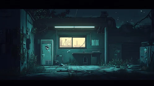 Deserted industrial workshop lit by neon cyan and amber glow.