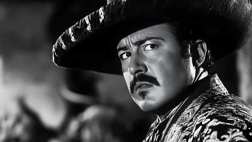 Stoic charro locks the lens with stormy, suspicious eyes