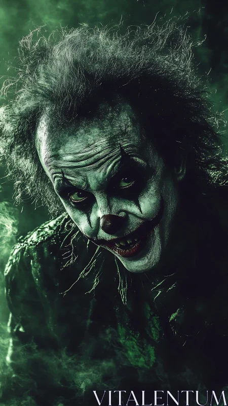 Sinister green clown emerging from swirling eerie fog.
