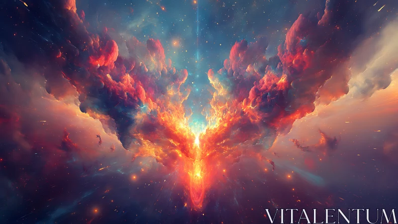 Symmetrical cosmic nebula burst with luminous core focus.