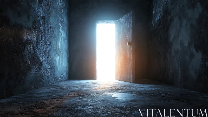 Dim concrete corridor shows open door with intense backlight