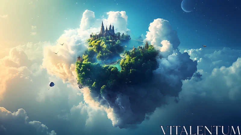 Floating castle island suspended in clouded sky environment.
