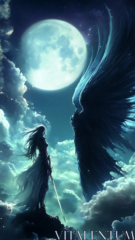 Moonlit angelic warrior confronts colossal ethereal wings.