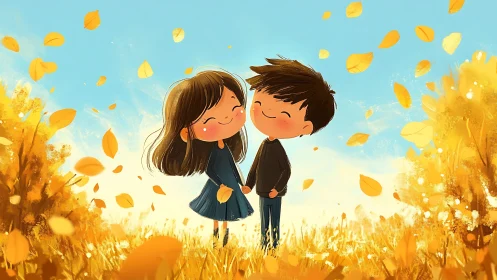 Two Children Kissing in Autumn Field with Falling Leaves