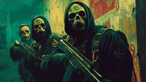 Hooded rifle squad with skull masks advances through alley