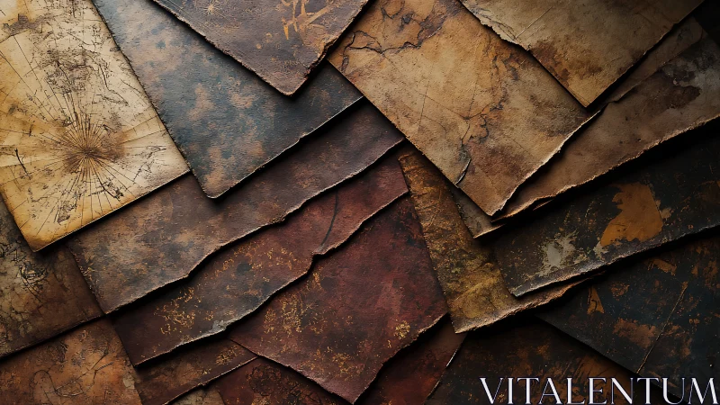 Weathered treasure maps lie layered in warm rustic tones