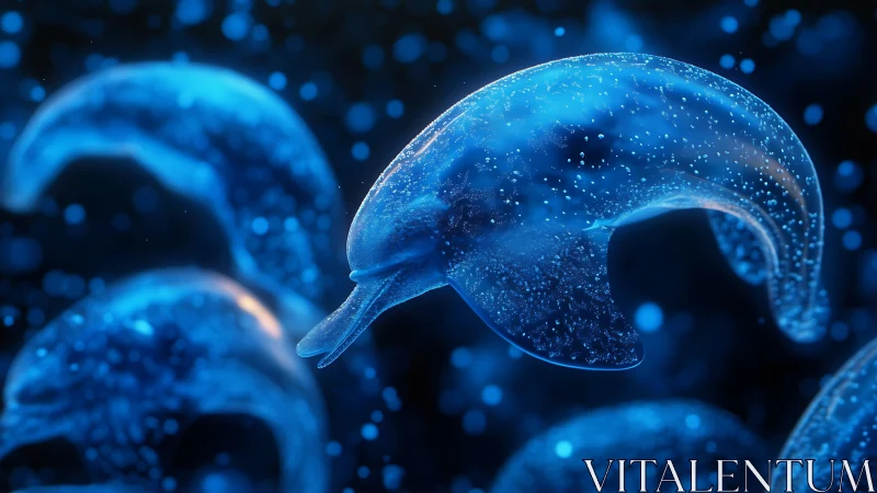 Bioluminescent glass dolphins in suspended fluid simulation.