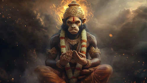 Hybrid simian deity portrait uses dramatic rim lighting and volumetrics