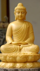 Yellow seated Buddha statue on lotus pedestal indoors.