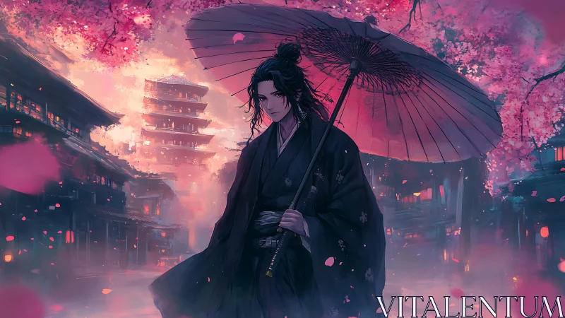 Lone samurai walks under cherry blossoms at dusk in Kyoto