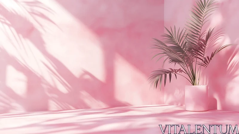 Pink monochrome interior with potted palm and cast shadows