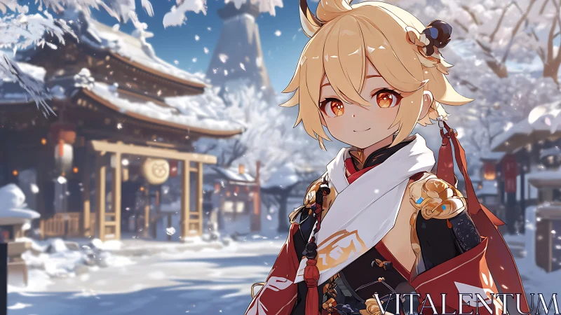 Anime character stands in snowy shrine courtyard and smiles
