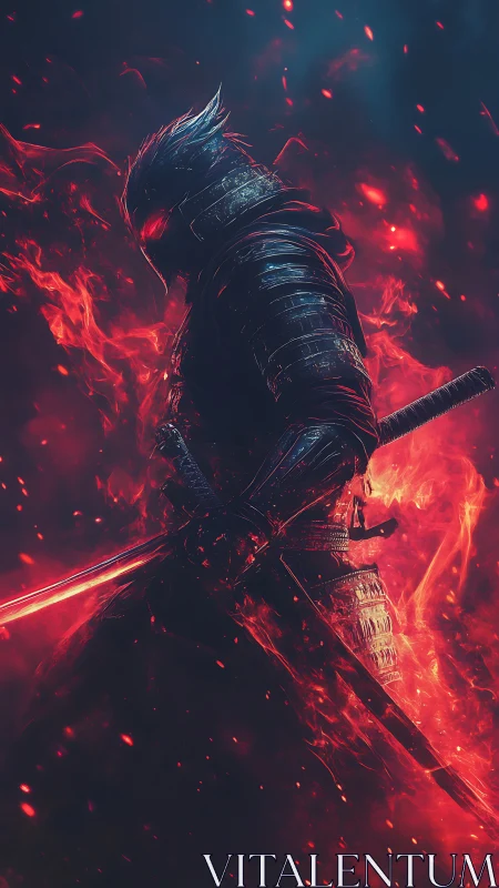 Armored swordsman stands in profile within dense red flames