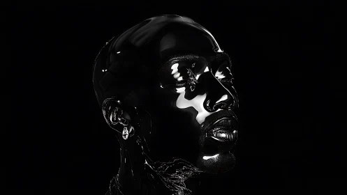 Glossy black 3D portrait of reflective human head profile.
