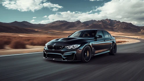 Black sports sedan powers through desert highway curve