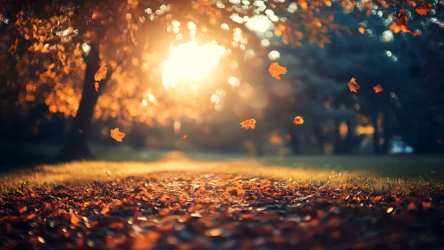 Golden autumn leaves drift through soft sunset light.