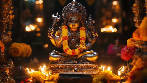 Golden Hindu deity statue with garlands and temple lamps.