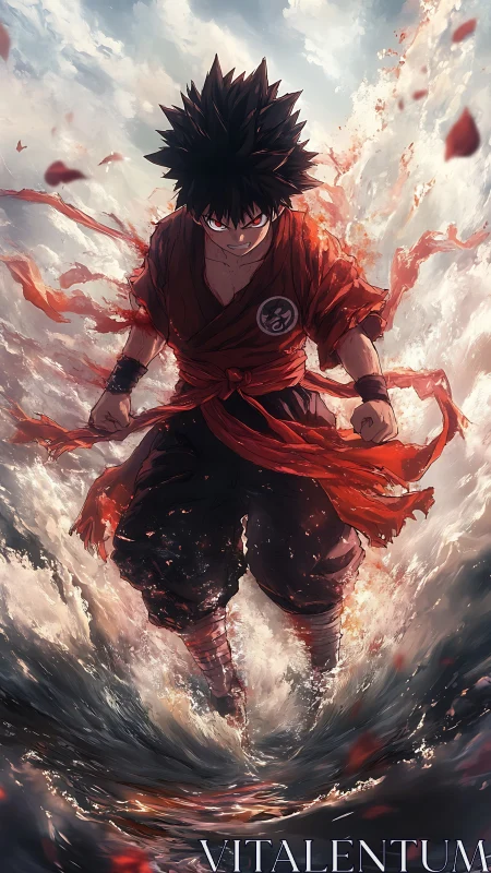 Intense anime fighter in red gi amid surging water.