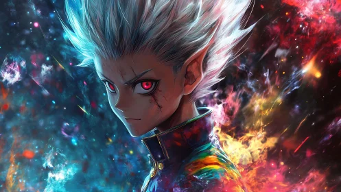 Stark anime portrait captures red-eyed warrior in cosmic flare