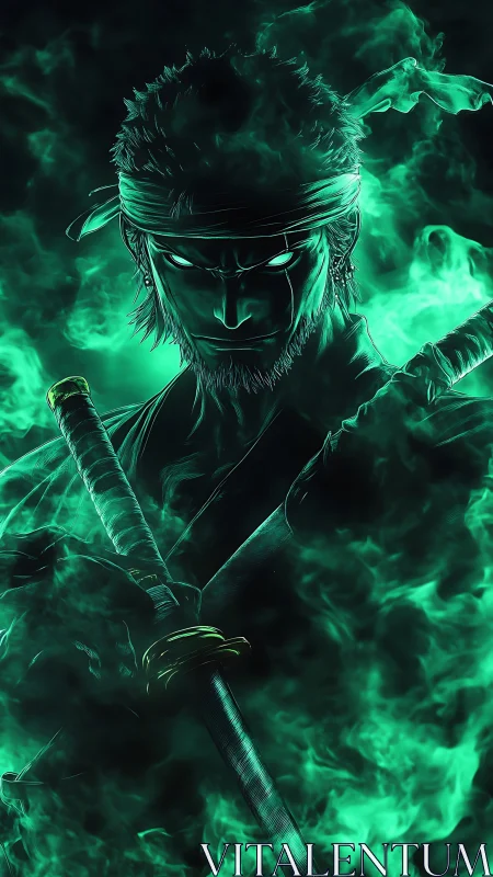 Emerald-tinged swordsman emerging from swirling spectral flames.