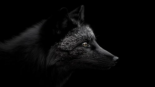 Silver fox profile emerges from deep black negative space