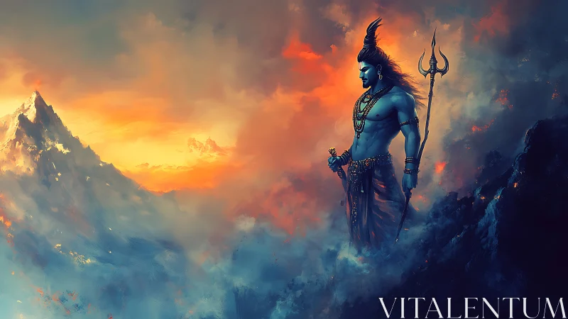 Storm‑crowned ascetic watches firelit peaks in silence.