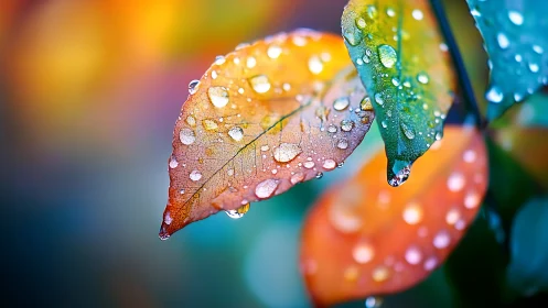 Water droplets on multicolored leaves in close focus.