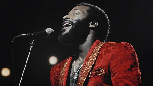 Male vocalist in red jacket singing into stage microphone.