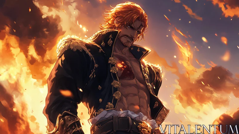 Battle-worn anime warrior amid burning sky and flames.