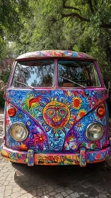 Psychedelic VW bus bursts with neon floral graffiti art.