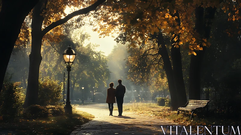 Couple walks golden-lit park path beneath autumn canopy