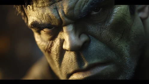 Intense green giant close-up rendered in dramatic 3D focus.