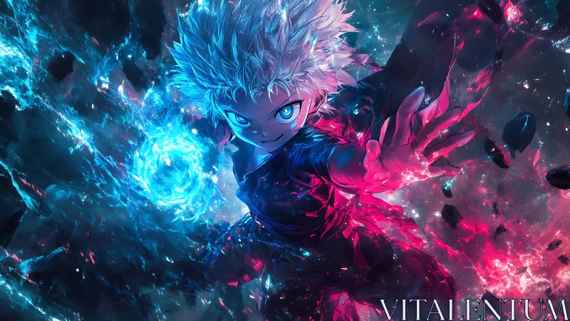 White haired anime fighter with blue and pink energy burst.